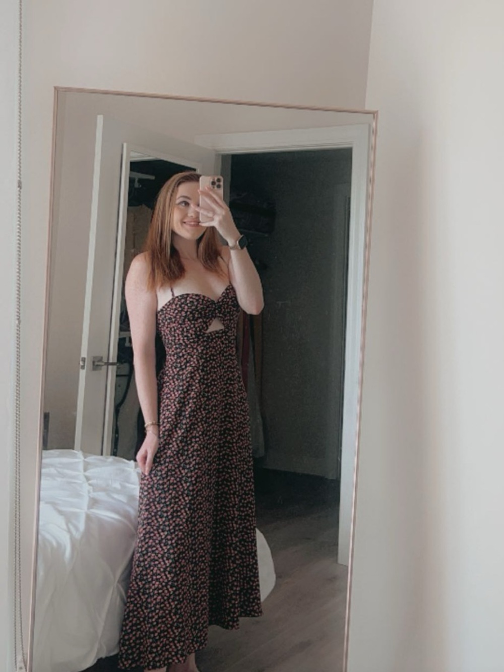 Strapless Floral Maxi Dress in Black with Pink Floral Print